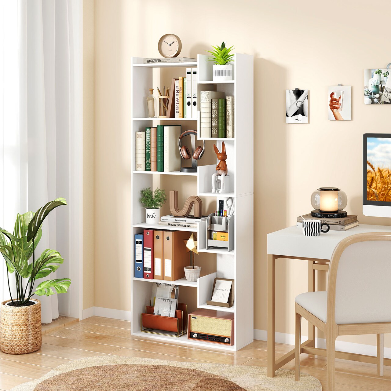 Wooden 6-Tier Bookshelf with Wall Anchor Kit and Open Shelves for Living Room